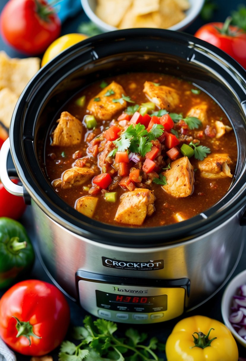 A crockpot filled with salsa chicken surrounded by colorful ingredients