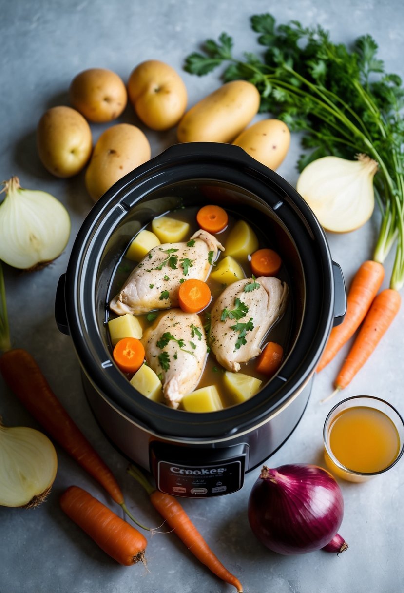 A crockpot surrounded by 5 simple ingredients: chicken, potatoes, carrots, onions, and broth