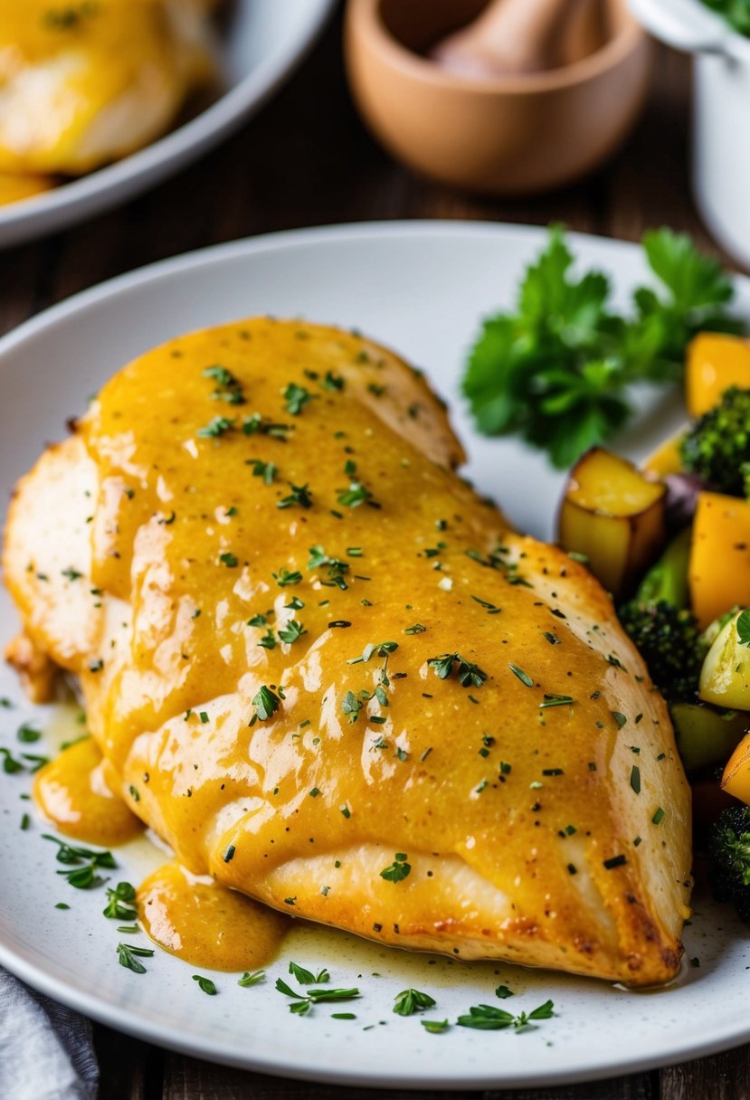 A golden-brown chicken breast coated in honey mustard glaze, surrounded by a sprinkle of herbs and a side of roasted vegetables