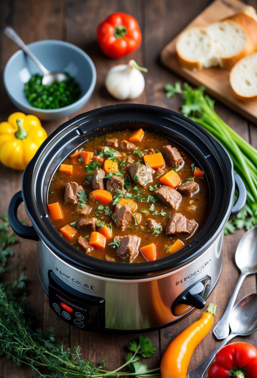 A bubbling slow cooker filled with hearty beef stew, surrounded by fresh vegetables and herbs