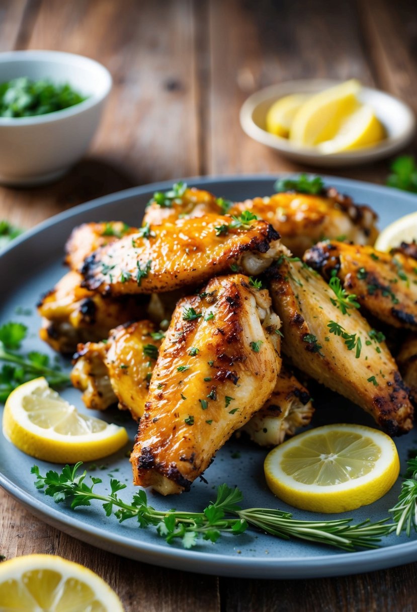 A platter of grilled chicken wings garnished with herbs and lemon slices