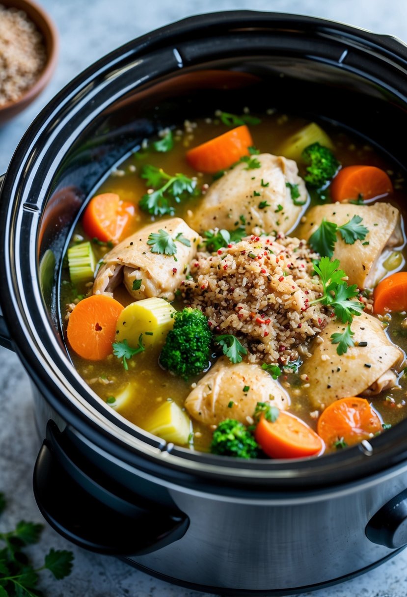 A crockpot filled with chicken, quinoa, and colorful vegetables simmering in a fragrant, healthy broth