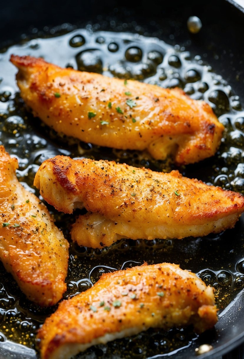 Golden-brown chicken tenders sizzling in a frying pan, surrounded by bubbling oil and a sprinkle of seasoning