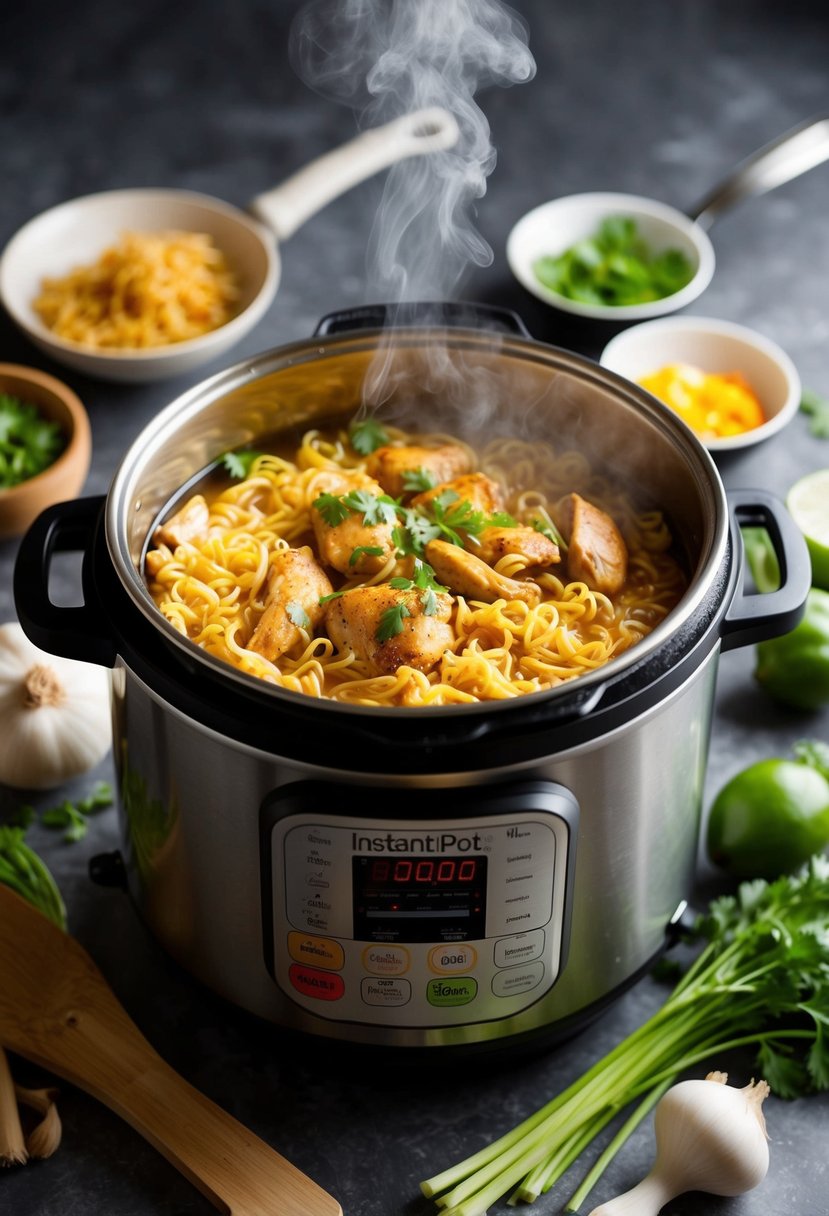 A steaming Instant Pot filled with savory chicken noodles, surrounded by fresh ingredients and cooking utensils