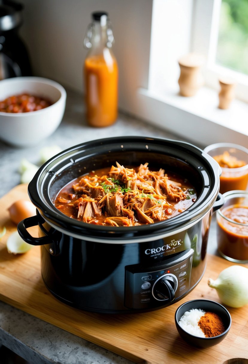 A crockpot filled with tender, saucy pulled pork surrounded by BBQ sauce, onions, and spices simmering on a kitchen counter