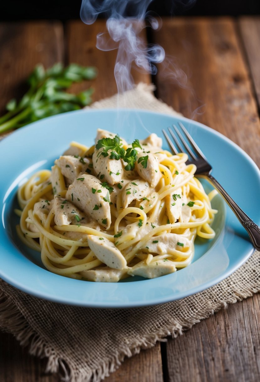 A steaming plate of creamy Chicken Alfredo Pasta, garnished with fresh herbs, sits on a rustic wooden table