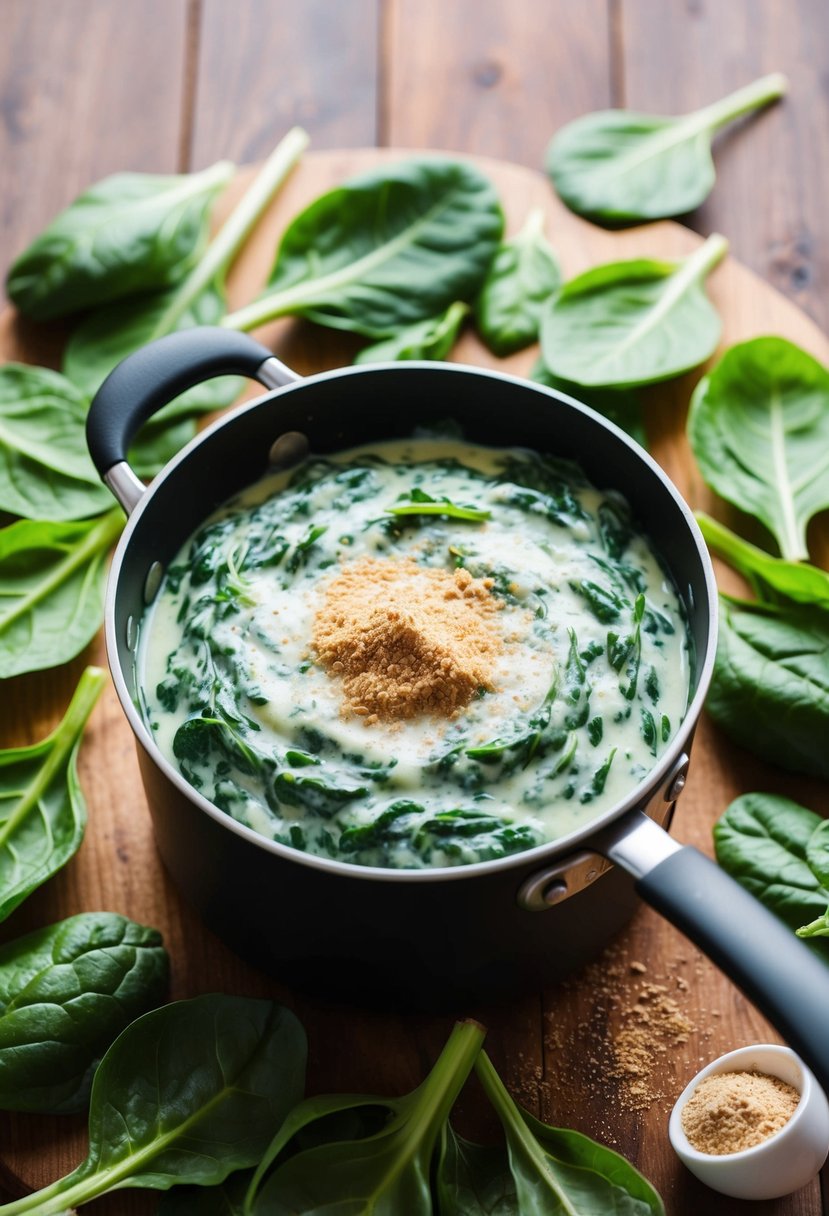 A pot of simmering creamed spinach surrounded by fresh spinach leaves and a sprinkle of nutmeg