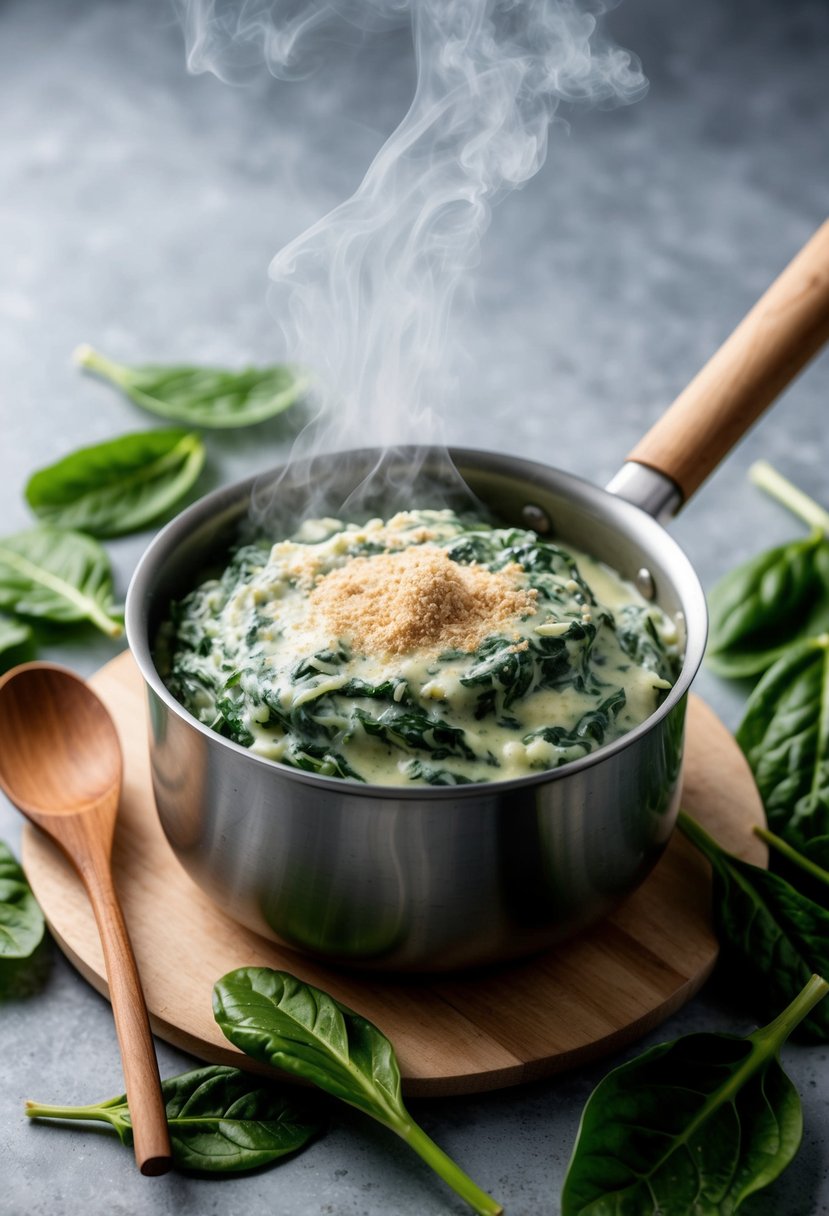 A steaming pot of creamed spinach with a sprinkle of nutmeg on top, surrounded by fresh spinach leaves and a wooden spoon