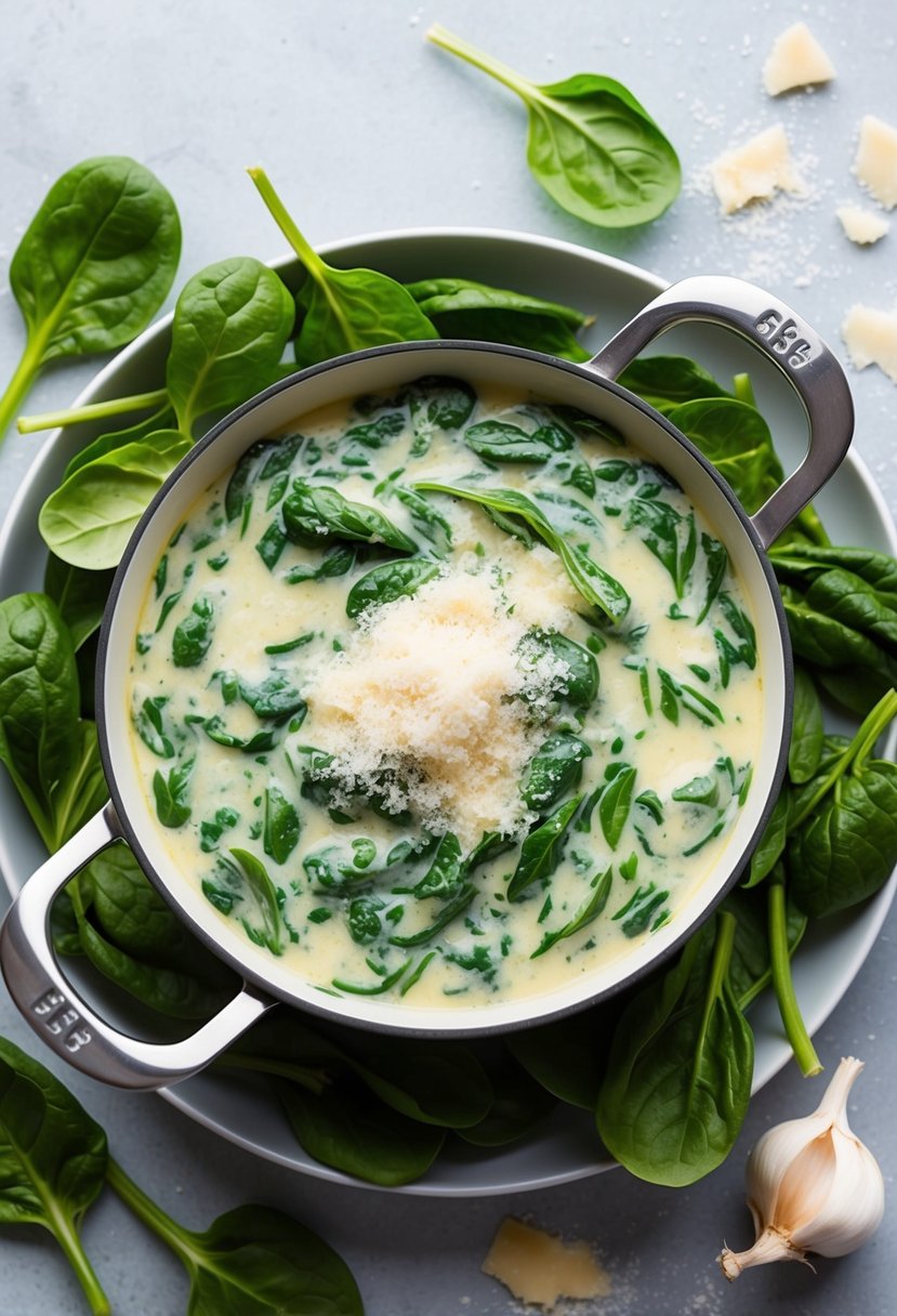 A bubbling pot of creamy spinach with garlic and Parmesan cheese, surrounded by fresh spinach leaves and scattered Parmesan shavings