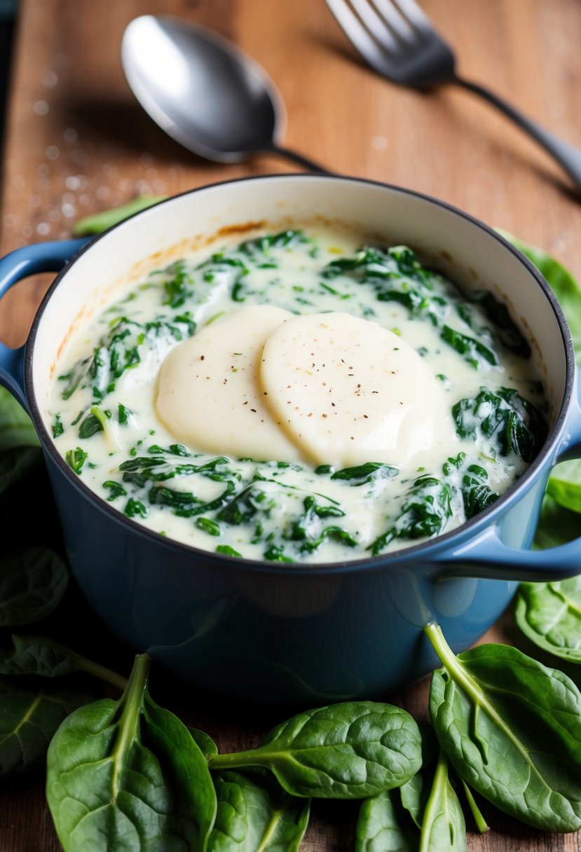 A bubbling pot of creamed spinach with melted provolone cheese on top, surrounded by fresh spinach leaves and a sprinkling of black pepper