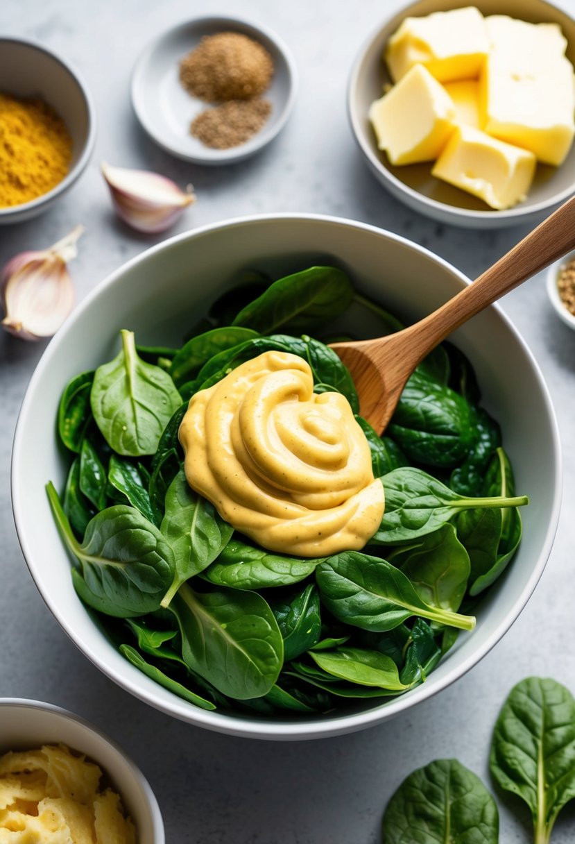 A bowl of spinach leaves being mixed with Dijon mustard-infused cream, surrounded by ingredients like garlic, butter, and spices