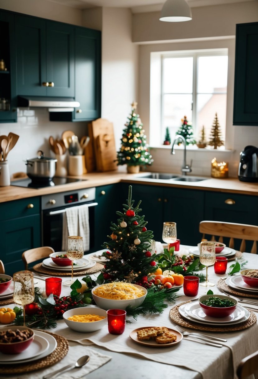 A cozy kitchen with a festive table set for a holiday meal, surrounded by ingredients and utensils for making Christmas recipes