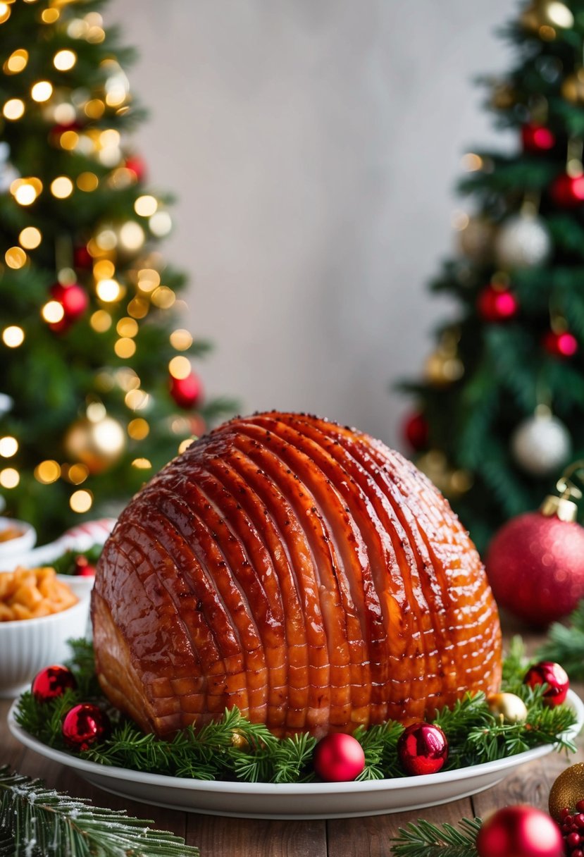 A glistening glazed Christmas ham surrounded by festive garnishes and holiday decorations