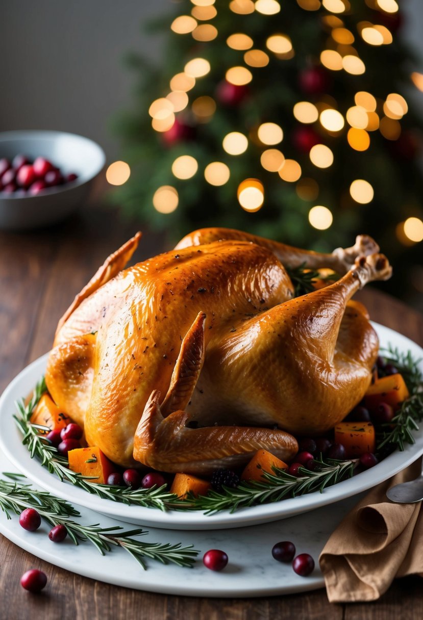 A golden-brown roast turkey sits on a platter surrounded by sprigs of rosemary, cranberries, and roasted vegetables