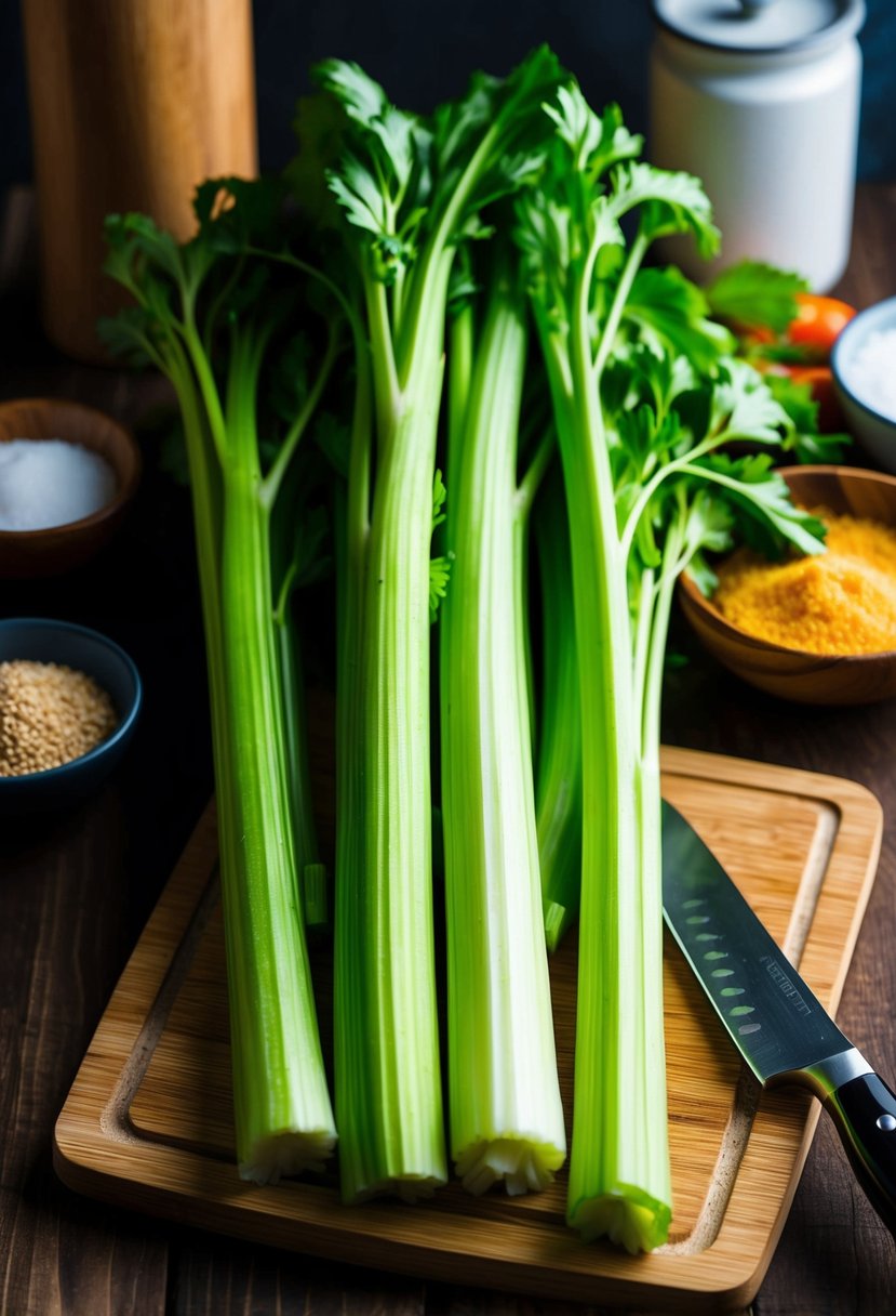 Fresh celery stalks arranged on a wooden cutting board with a sharp knife and various ingredients in the background