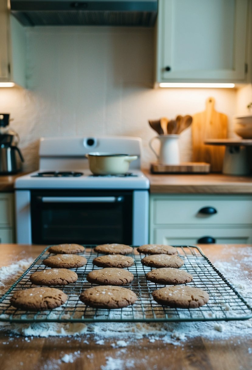 A cozy kitchen with a vintage oven, flour-dusted countertops, and a tray of freshly baked gingerbread cookies cooling on a wire rack