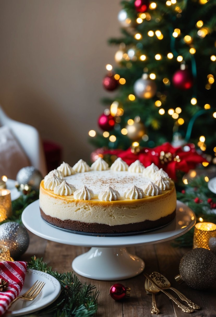 A festive table with a decadent eggnog cheesecake surrounded by holiday decorations and twinkling lights