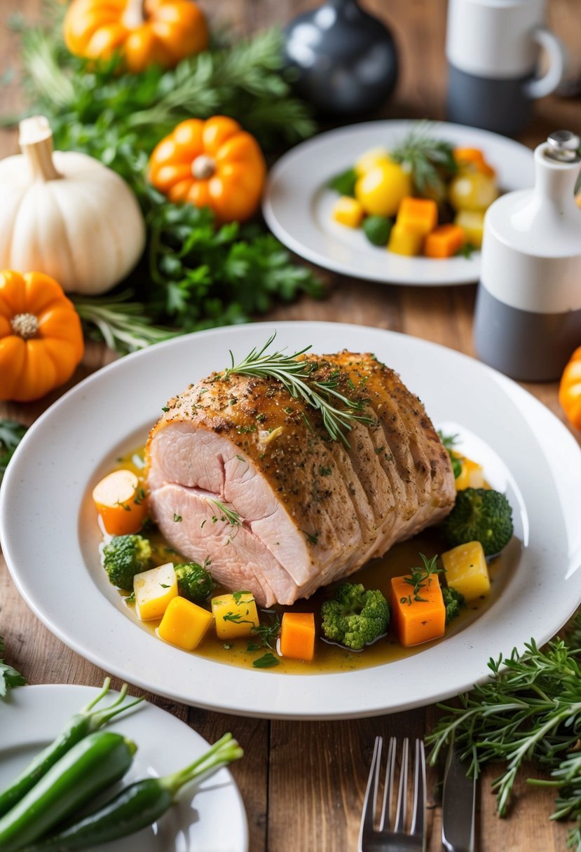 A festive table setting with a succulent stuffed pork loin as the centerpiece, surrounded by seasonal vegetables and garnished with herbs