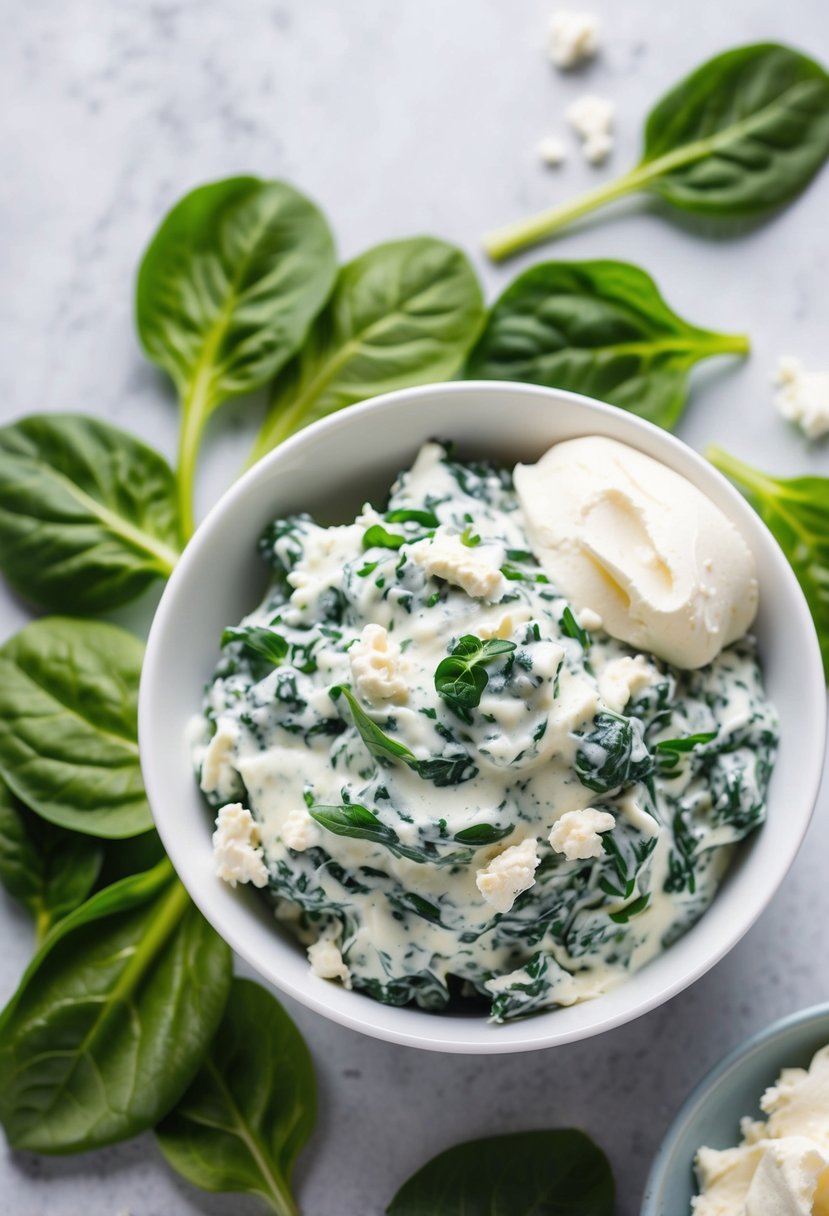 A bowl of creamy spinach mixed with cream cheese, surrounded by fresh spinach leaves and a dollop of cream cheese on top