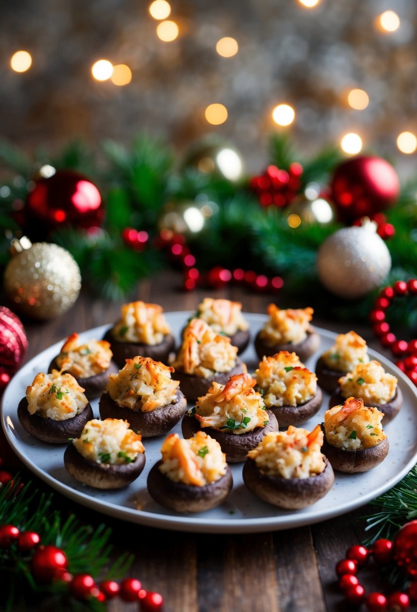 A platter of crab stuffed mushrooms surrounded by festive holiday decorations