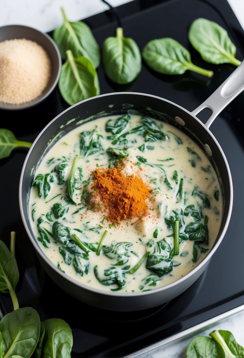 A pot of creamy spinach simmering on a stovetop, surrounded by fresh spinach leaves and a sprinkling of spices