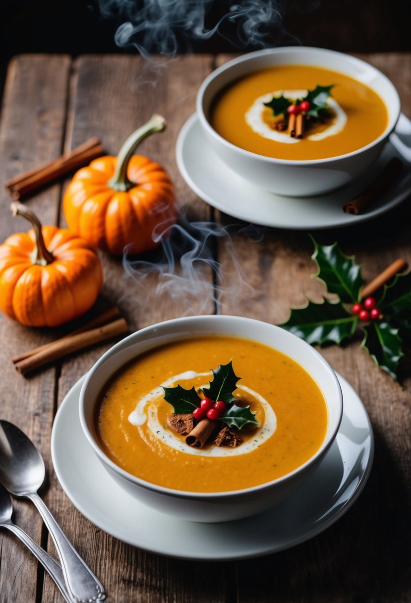 A steaming bowl of pumpkin soup surrounded by cinnamon sticks and a festive sprig of holly on a rustic wooden table