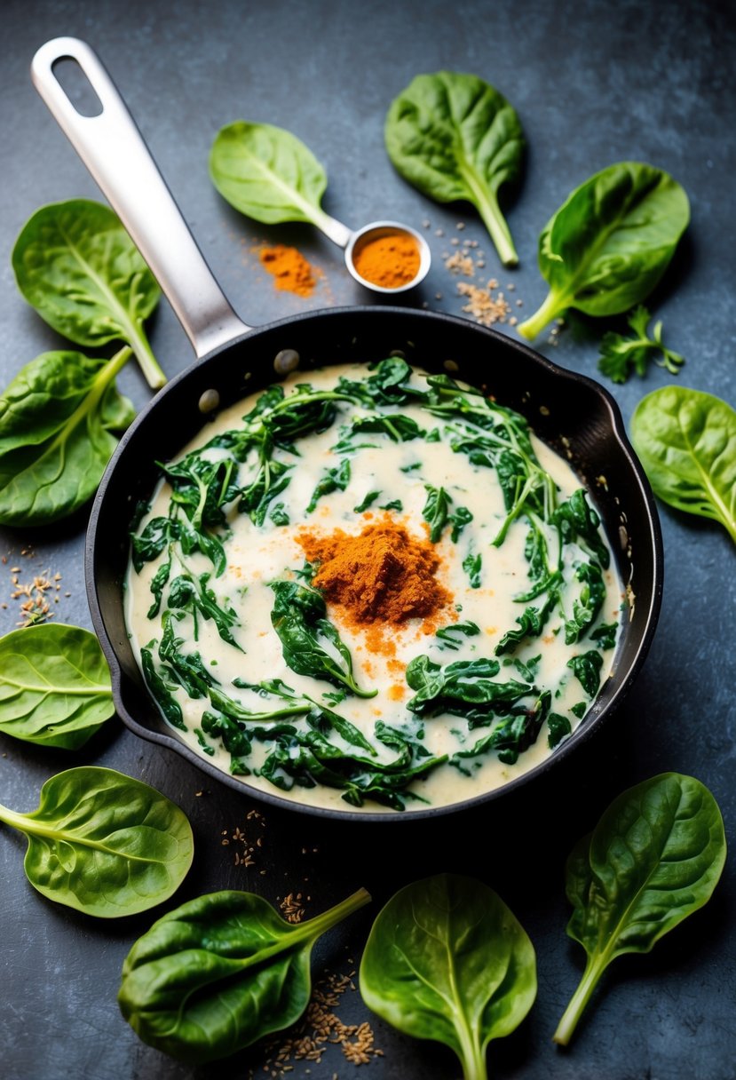 A steaming skillet of creamy spinach with a hint of cayenne, surrounded by fresh spinach leaves and a sprinkle of spices