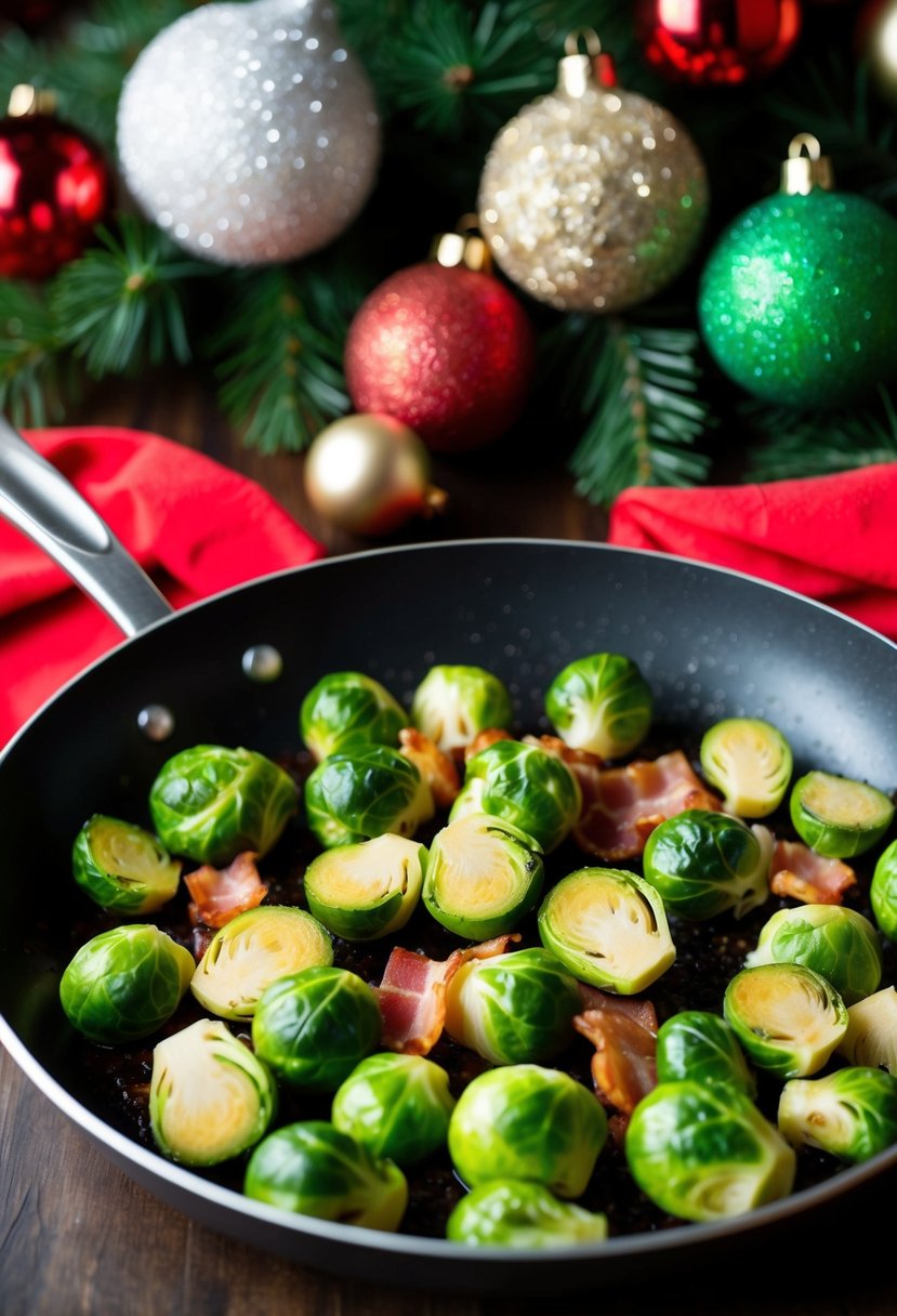 A sizzling pan of Brussels sprouts and bacon, surrounded by festive holiday decorations