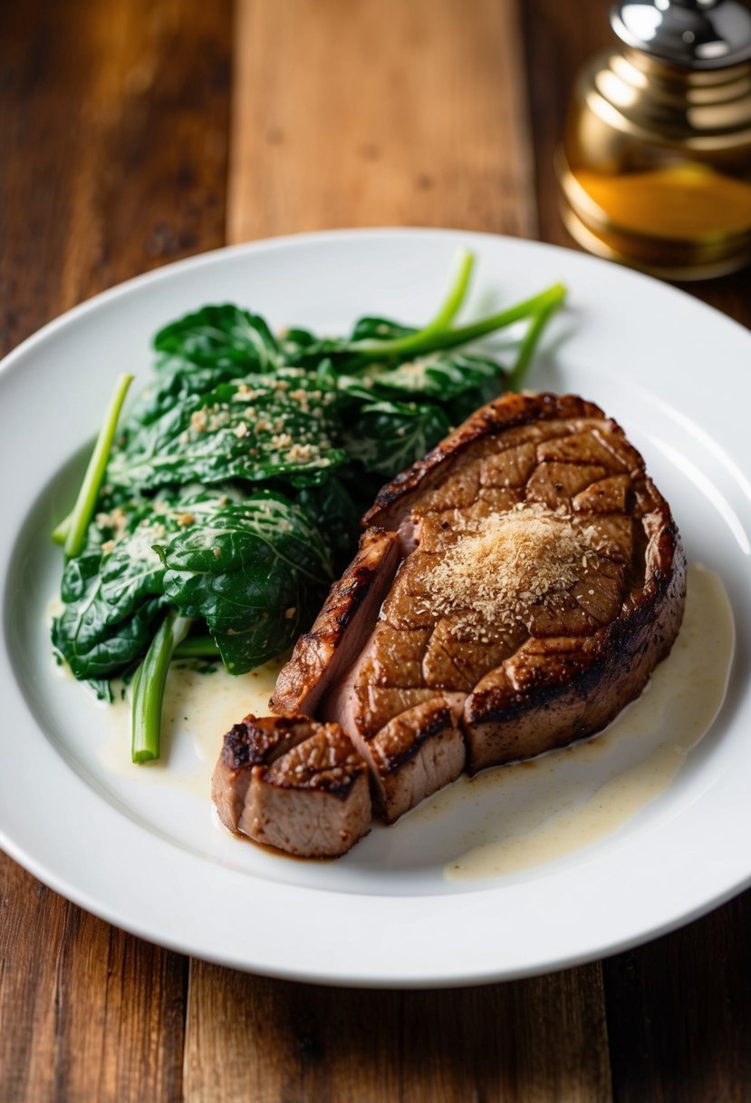 A sizzling steak on a white plate with a side of rich, creamy spinach, garnished with a sprinkle of nutmeg