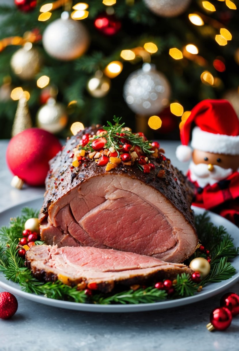 A beautifully garnished prime rib roast surrounded by festive Christmas decorations