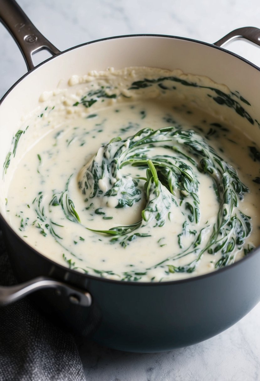 A pot of simmering creamed spinach with a swirl of frozen spinach melting into the creamy mixture