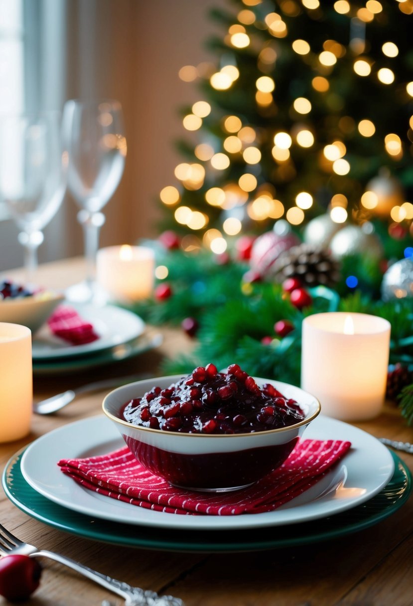 A festive table setting with a bowl of cranberry sauce surrounded by holiday decorations and twinkling lights