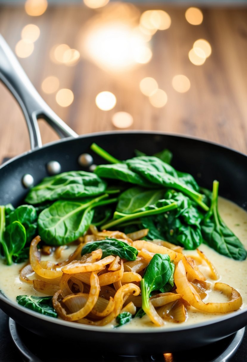 Caramelized onions sizzling in a pan while fresh spinach wilts in creamy sauce