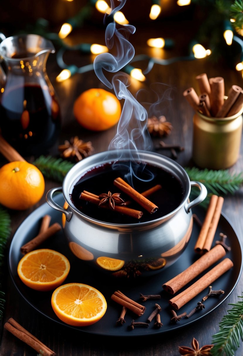 A cozy holiday scene with a steaming pot of mulled wine surrounded by cinnamon sticks, cloves, and oranges. Twinkling lights and a festive atmosphere complete the setting