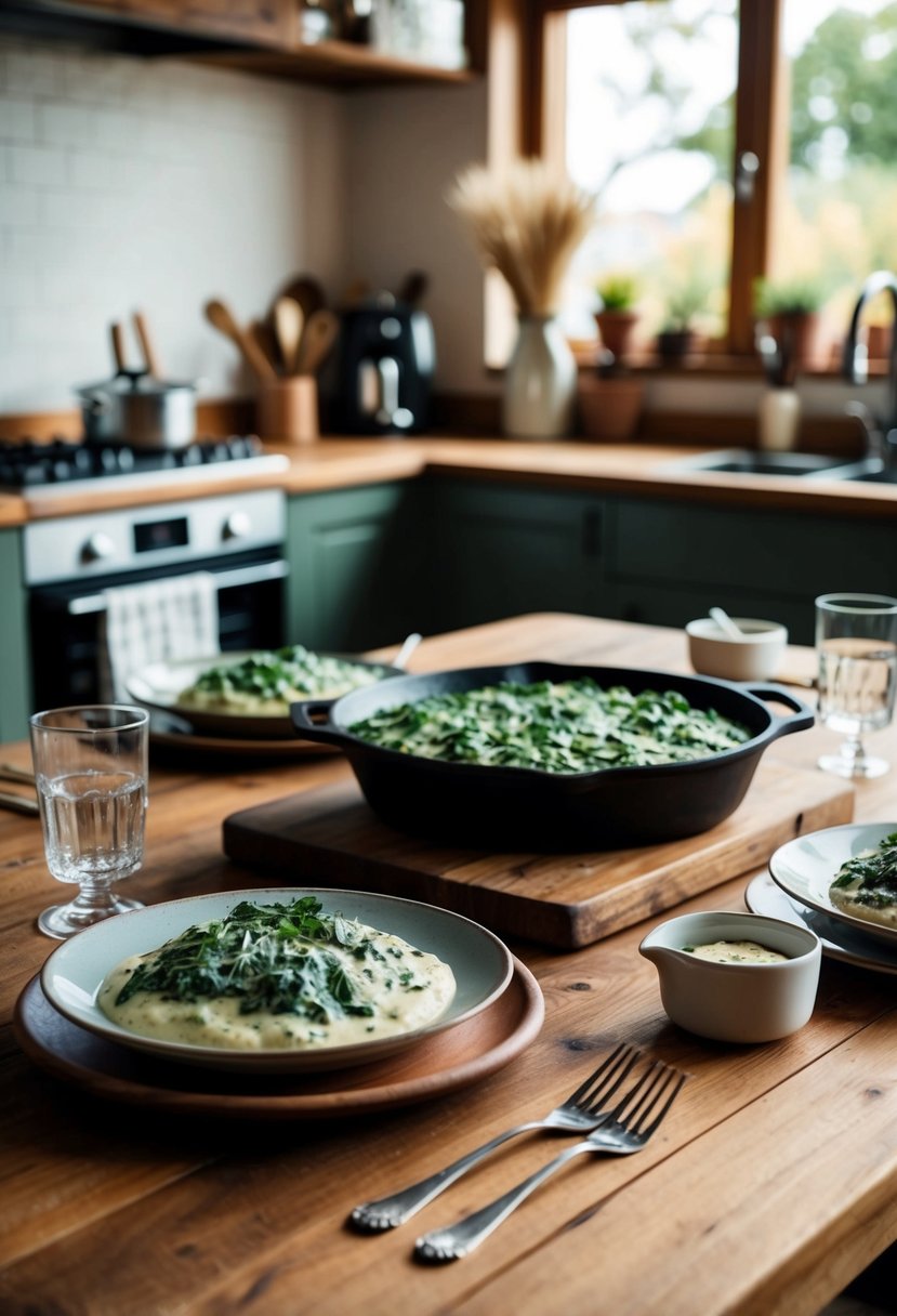 A rustic kitchen with a wooden table set for a cozy dinner, featuring a creamy spinach dish served in a vintage cast-iron skillet