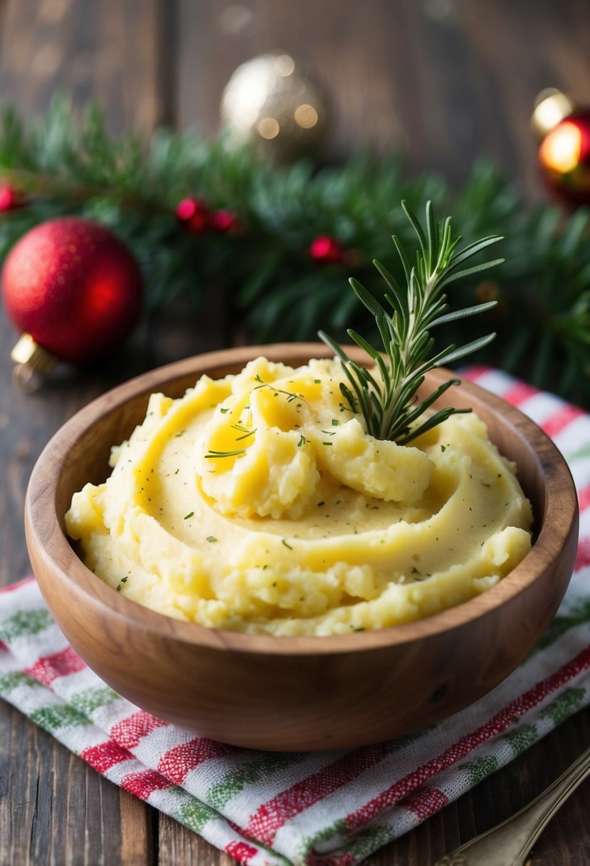 A rustic wooden bowl filled with creamy garlic mashed potatoes, garnished with a sprig of fresh rosemary, sits on a festive holiday table