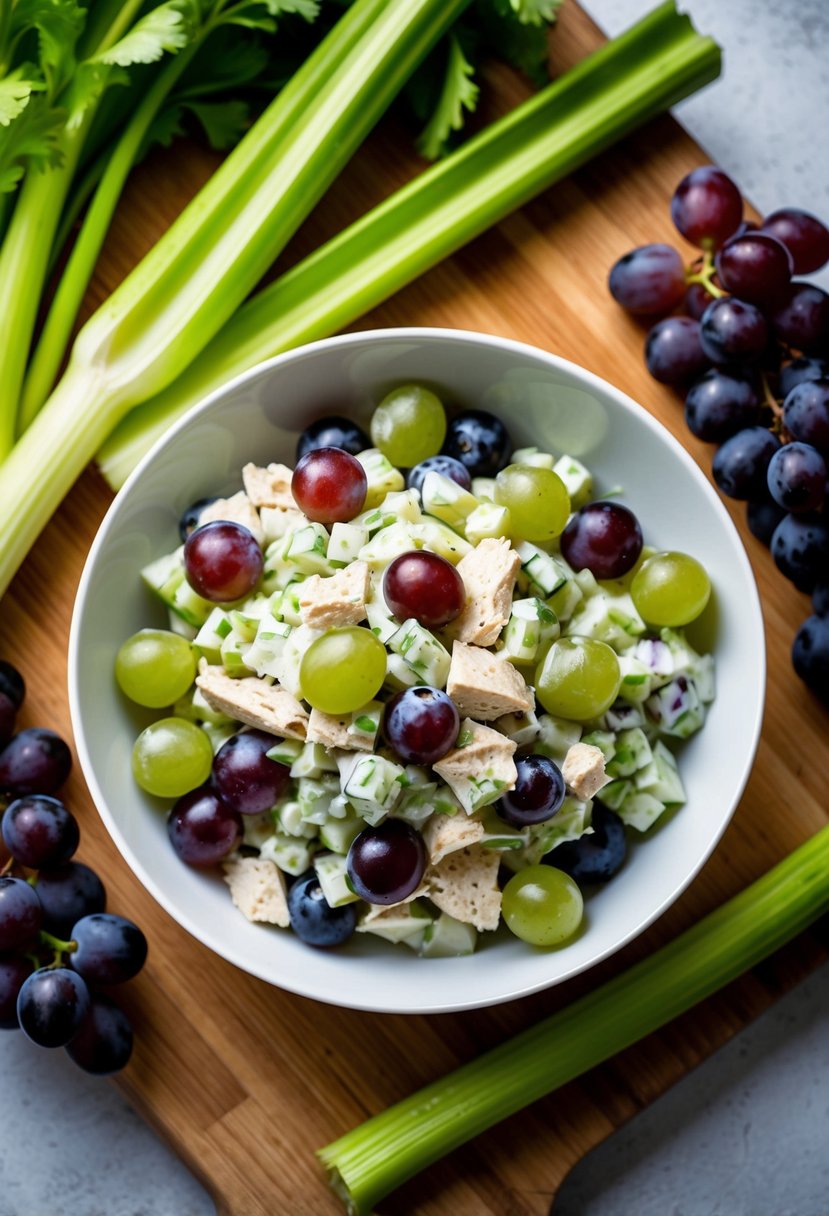 A bowl of celery chicken salad with grapes, surrounded by fresh celery stalks and grape clusters on a wooden cutting board