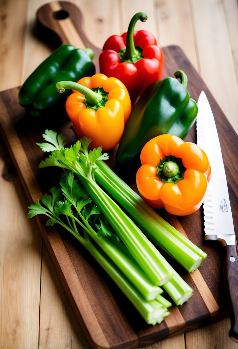 A colorful medley of celery and bell peppers arranged on a wooden cutting board