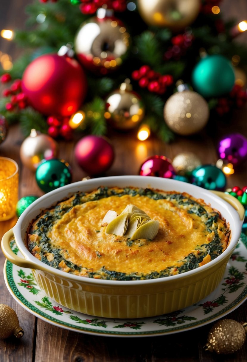 A festive table spread with a warm, golden-brown spinach and artichoke dip in a decorative dish, surrounded by colorful holiday decorations