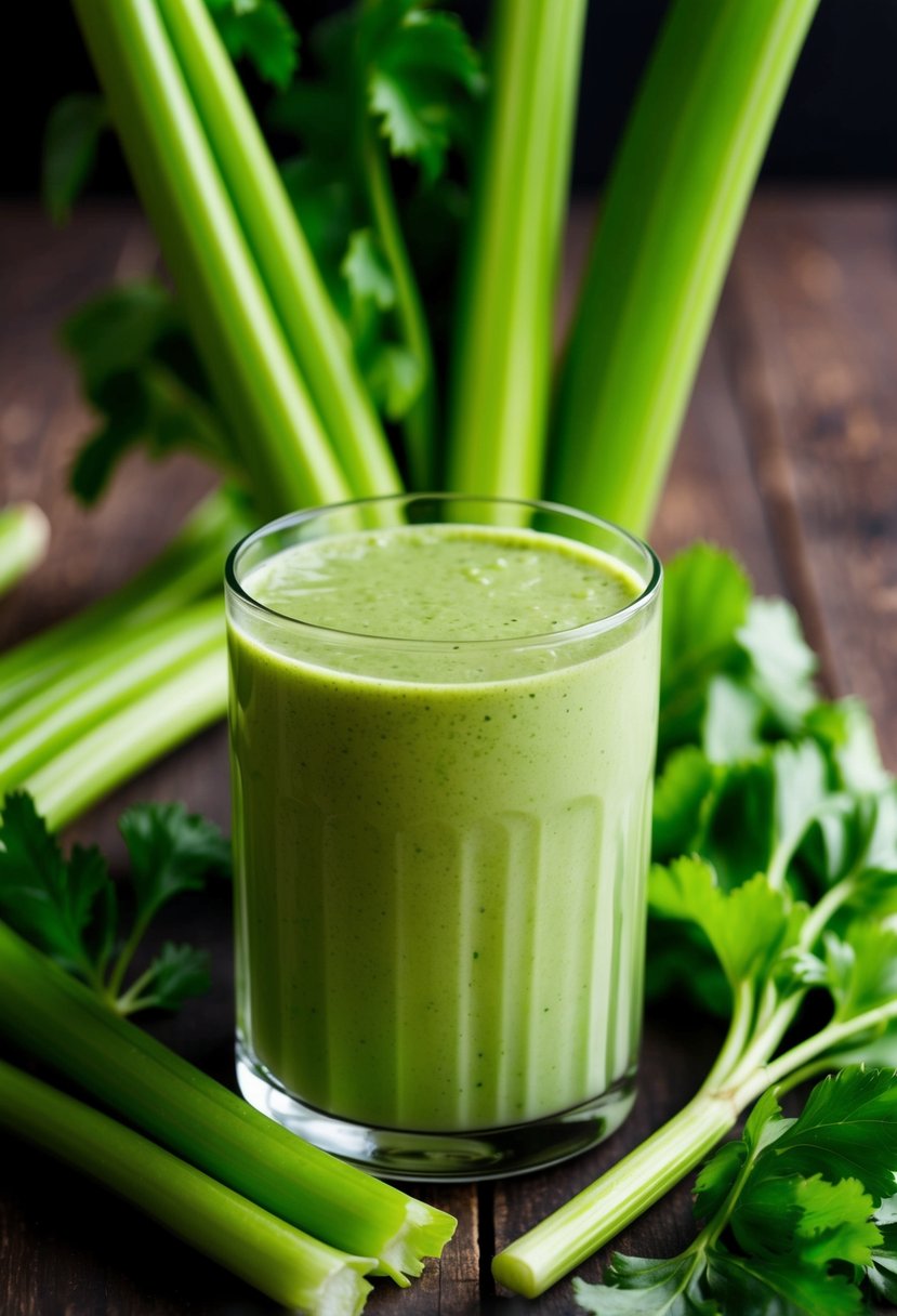 A glass filled with fresh green celery smoothie surrounded by whole stalks and leaves