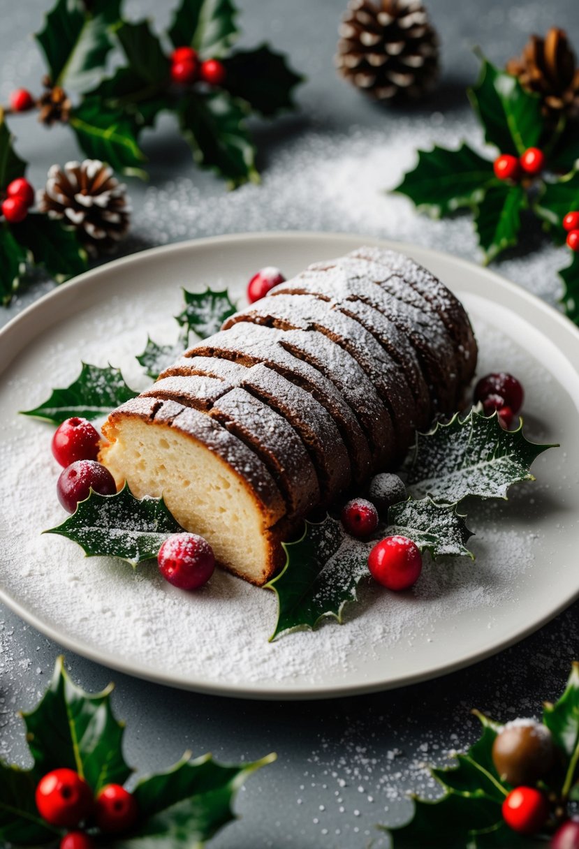 A festive Yule log cake surrounded by holly, berries, and a dusting of powdered sugar