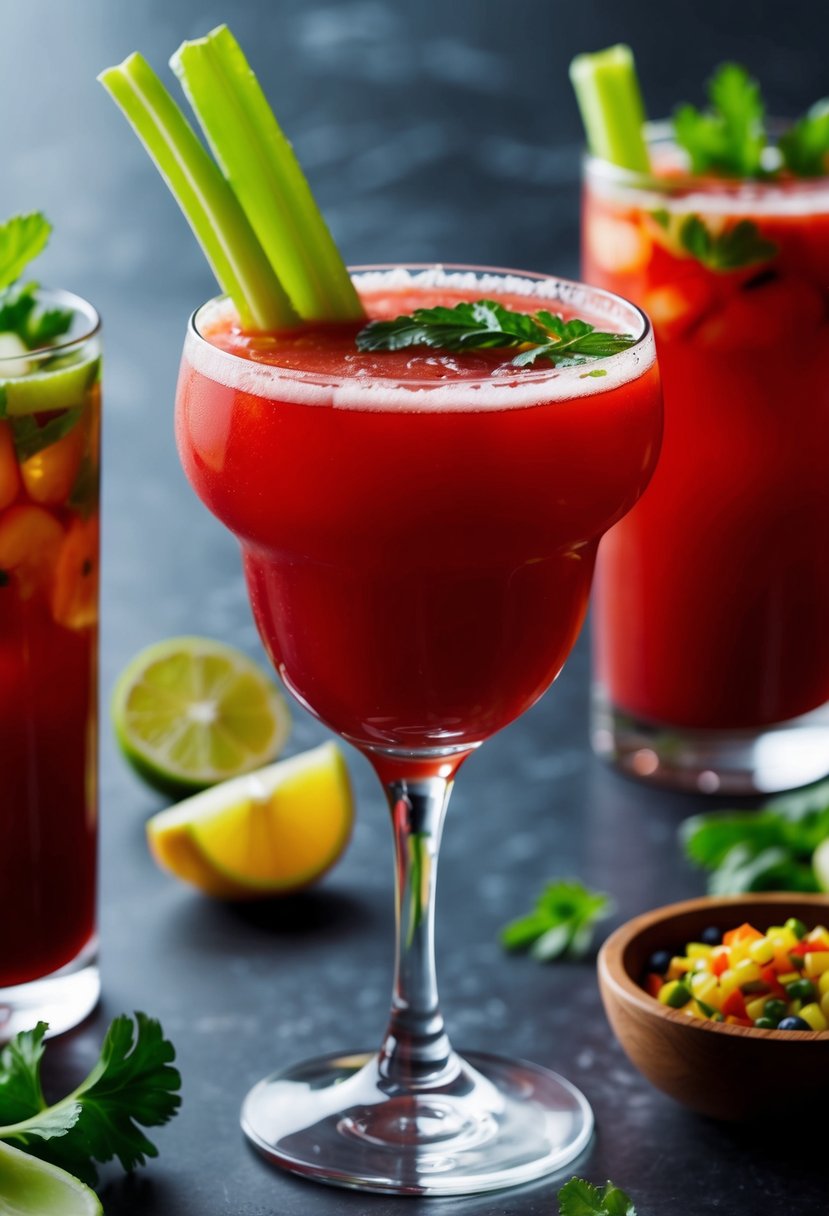 A tall glass filled with a vibrant red Bloody Mary cocktail, garnished with a stalk of fresh celery and other colorful ingredients