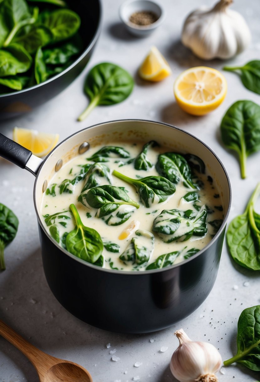 A pot of spinach cooking in a creamy, savory sauce, surrounded by fresh ingredients like garlic, salt, and pepper