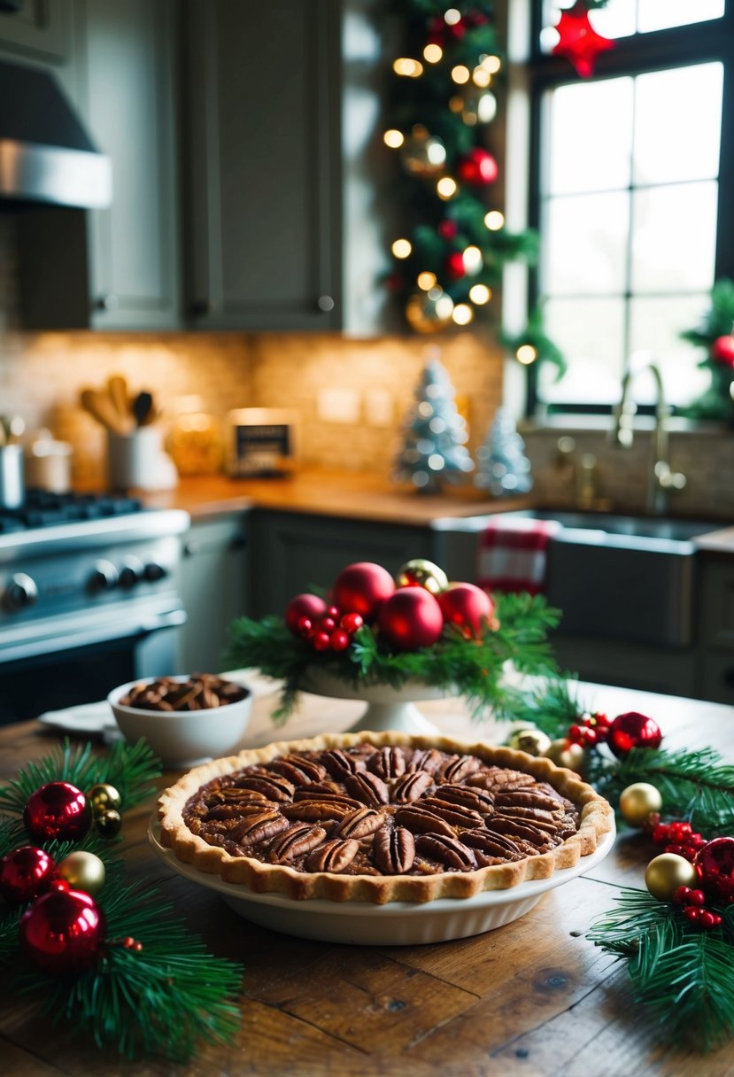 A rustic kitchen table with a freshly baked pecan pie surrounded by festive holiday decorations