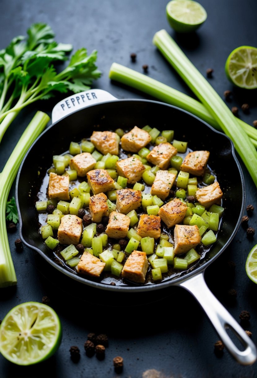 A sizzling skillet of diced celery and black pepper chicken, surrounded by fresh celery stalks and whole peppercorns