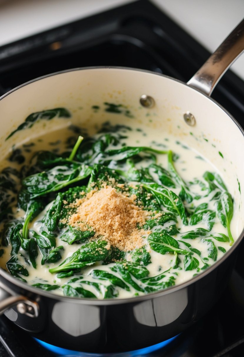 A pot of creamed spinach simmers on the stove, with a sprinkle of nutmeg adding a hint of warmth to the vibrant green spinach leaves