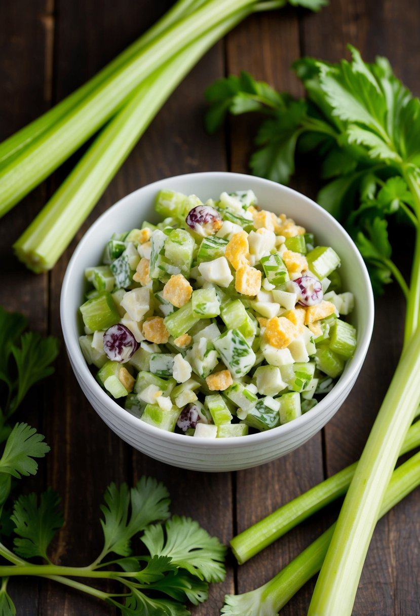 A bowl of celery crunch salad surrounded by fresh celery stalks and leaves