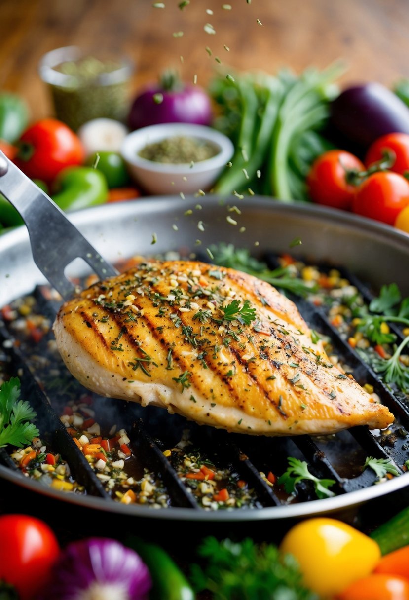 A sizzling chicken breast being grilled with a variety of herbs and spices, surrounded by fresh vegetables and a colorful array of seasonings