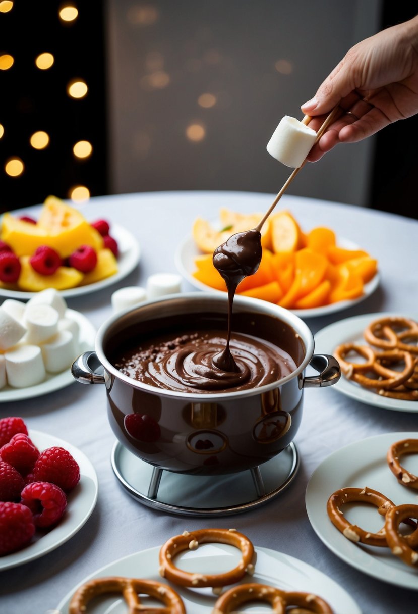 A table set with a bubbling pot of chocolate fondue surrounded by plates of fruit, marshmallows, and pretzels for dipping