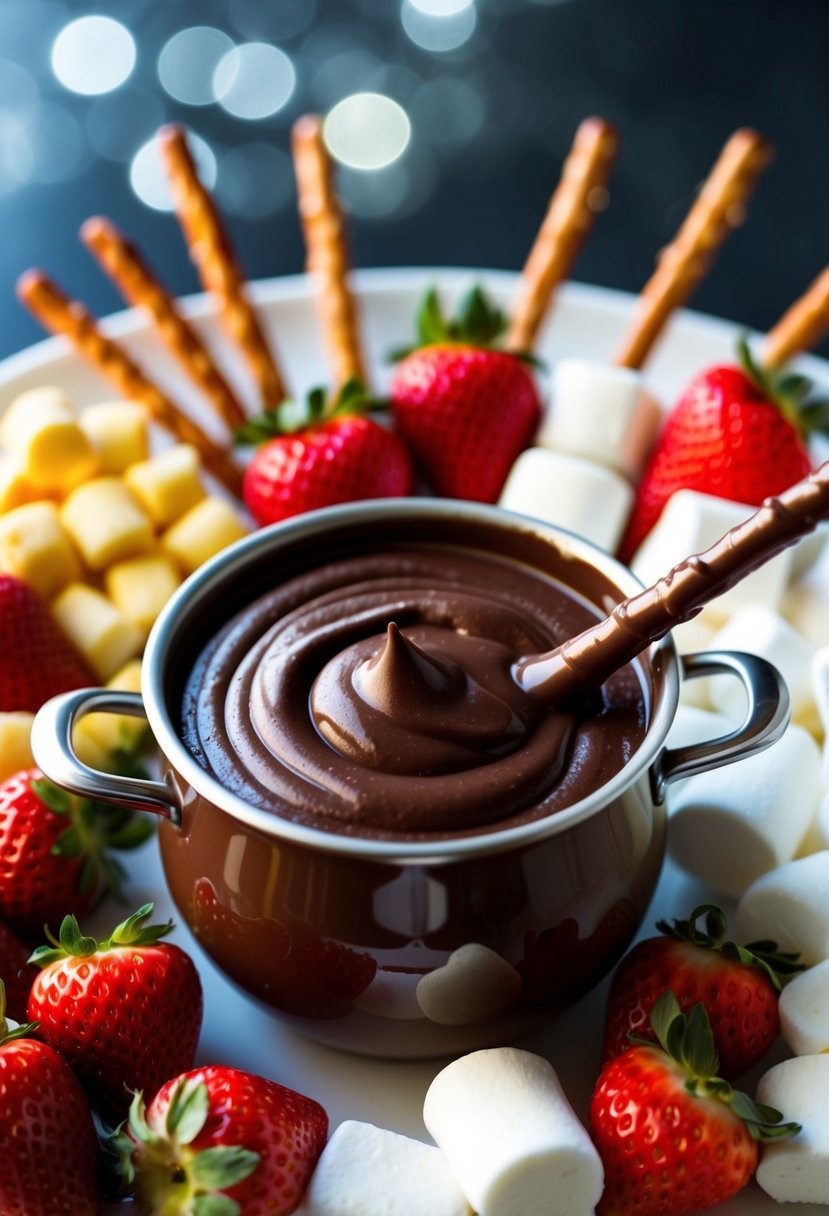 A bubbling pot of rich, creamy chocolate fondue surrounded by an assortment of dippable treats like strawberries, marshmallows, and pretzel sticks